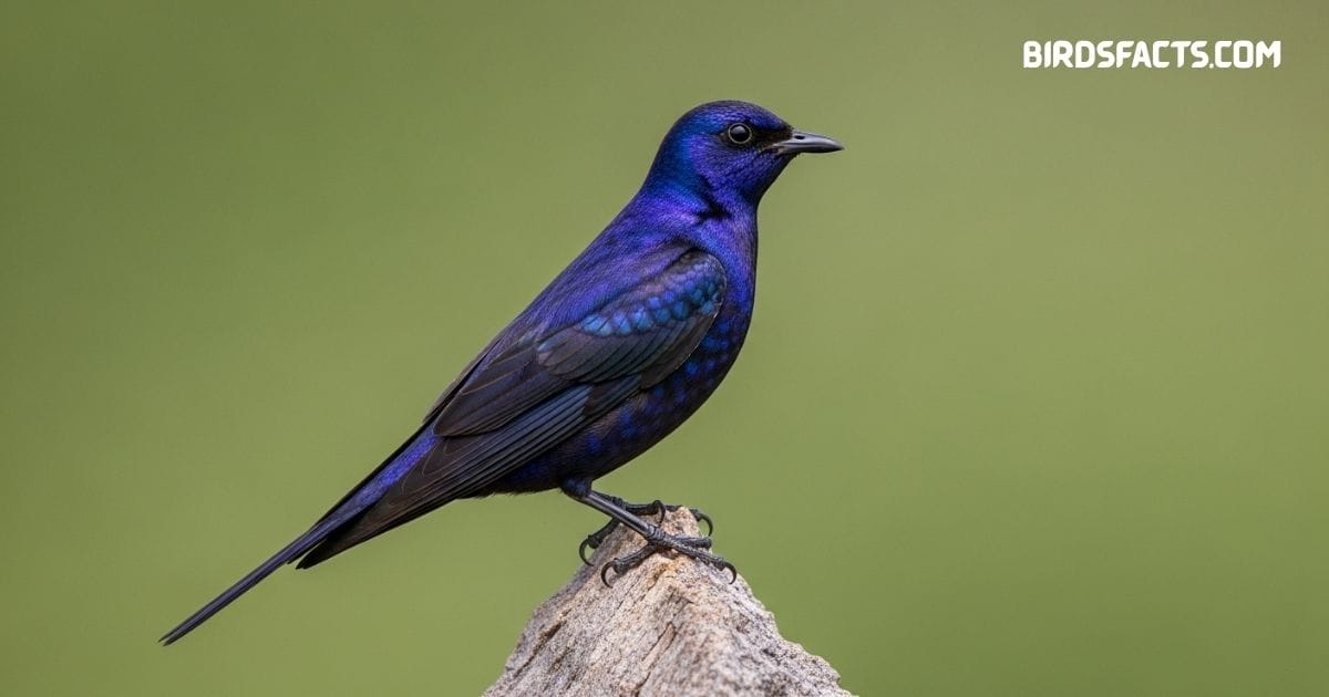 Purple Martin with glossy dark purple plumage soaring gracefully in clear blue sky