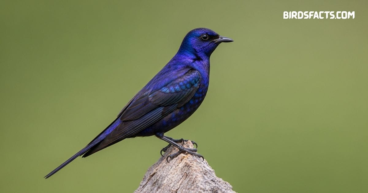 Purple starling perched on tree branch showing iridescent purple and glossy black feathers