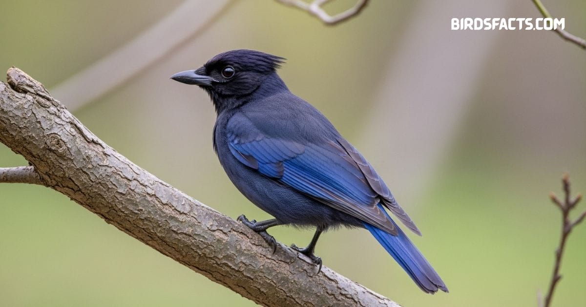 Purplish jay perched on tree branch displaying vibrant purple and blue plumage