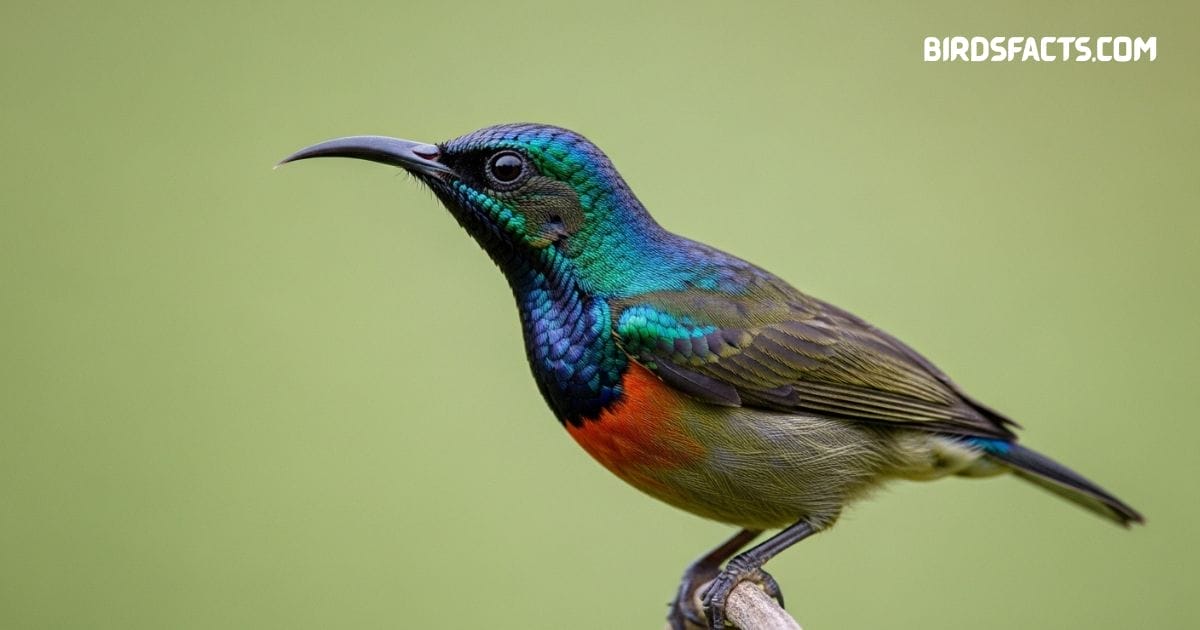 Splendid sunbird perched on flower stem showing shimmering purple, blue, and red plumage