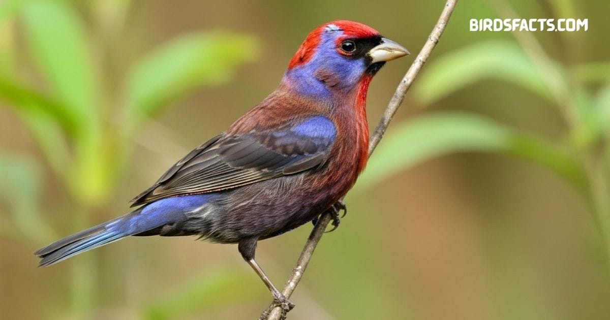Varied bunting perched on branch displaying bright purple, blue, and red feathers