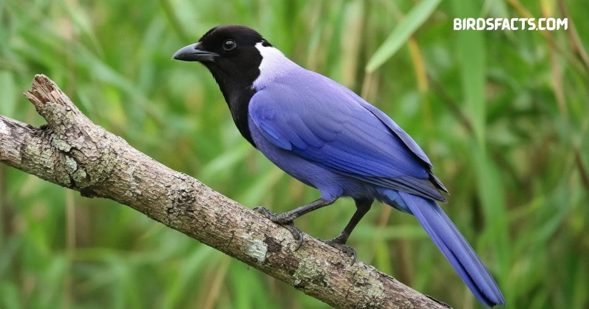 Violaceous jay perched on tree branch with deep purple and blue plumage