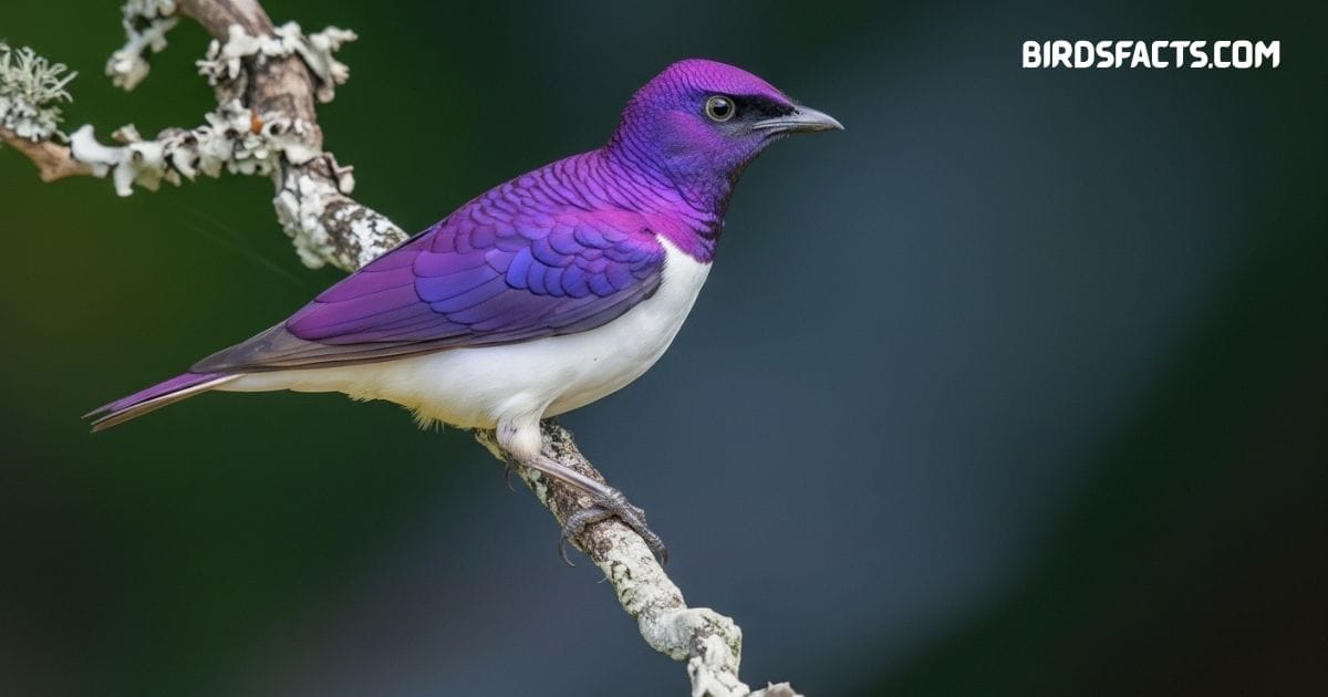 Violet-backed starling perched on tree branch with glossy violet back and white underparts