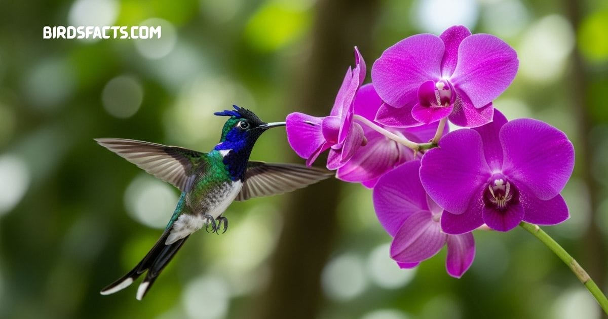 Violet-crowned woodnymph perched on branch showing violet crown and shimmering green plumage