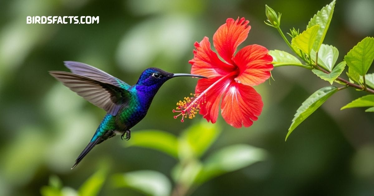 Violet sabrewing hummingbird perched on branch displaying deep violet plumage and long curved bill