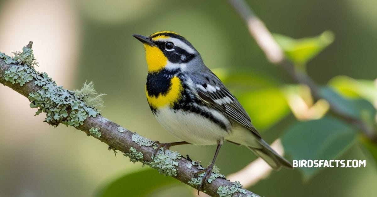Yellow-throated warbler perched on branch with gray back yellow throat and black streaks