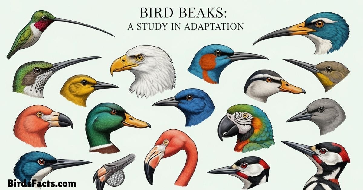 Illustration showing different types of bird beaks: seed-cracking, insect-catching, nectar-sipping, meat-tearing, filter-feeding, and crushing beaks, replacing the function of teeth.”