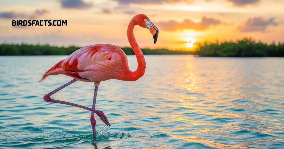 American Flamingo with bright pink plumage and long legs wading in shallow water