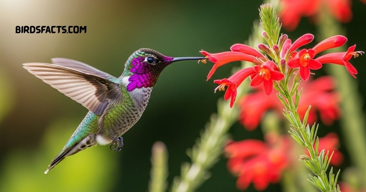 Anna’s Hummingbird with shimmering green body and pink-red throat hovering near a flower
