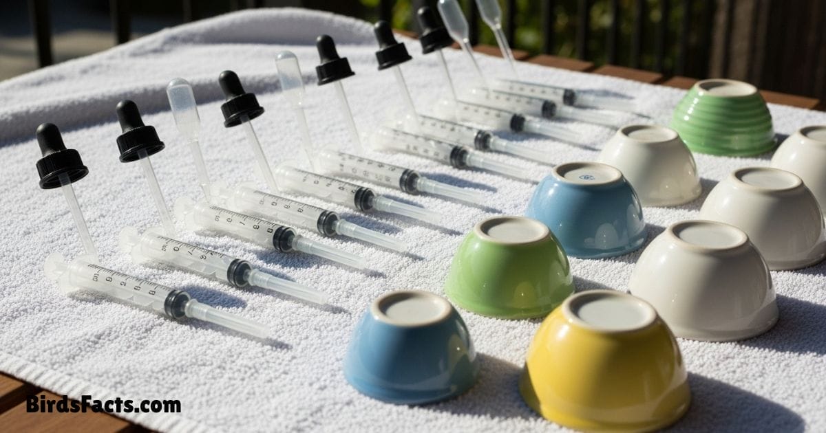 Baby Bird Feeding Tools Drying On Clean Cloth After Washing Baby Bird Feeding Tools Drying On Clean Cloth After Washing