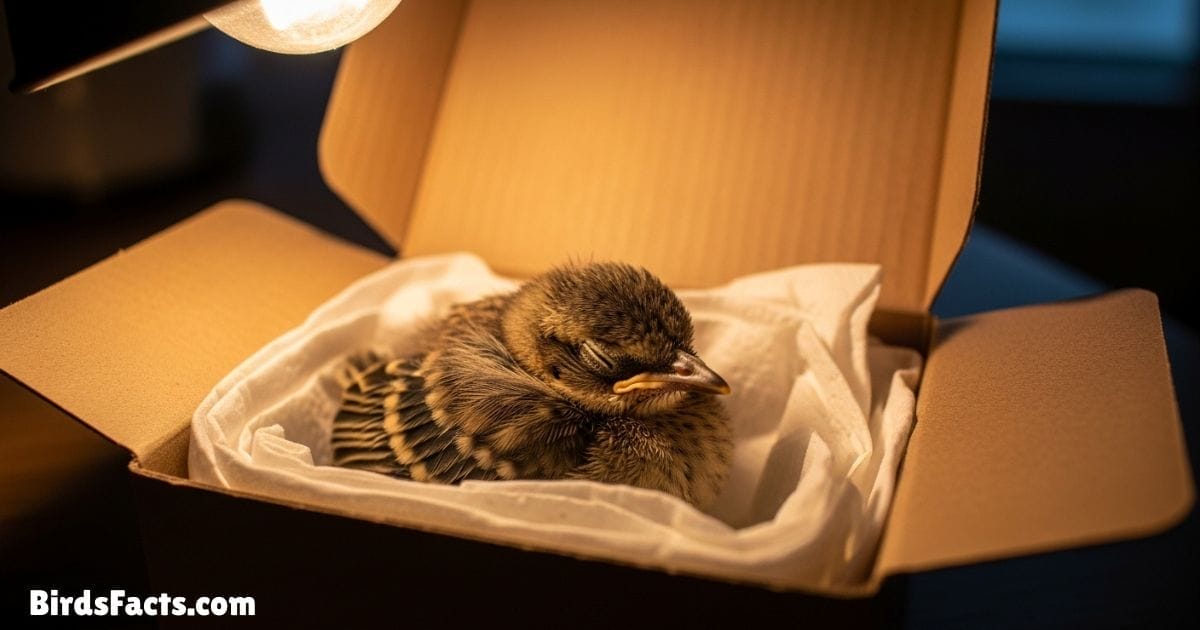 Baby Bird Resting Safely In Soft Box Under Warm Light Mimicking Nest Warmth Baby Bird Resting Safely In Soft Box Under Warm Light Mimicking Nest Warmth