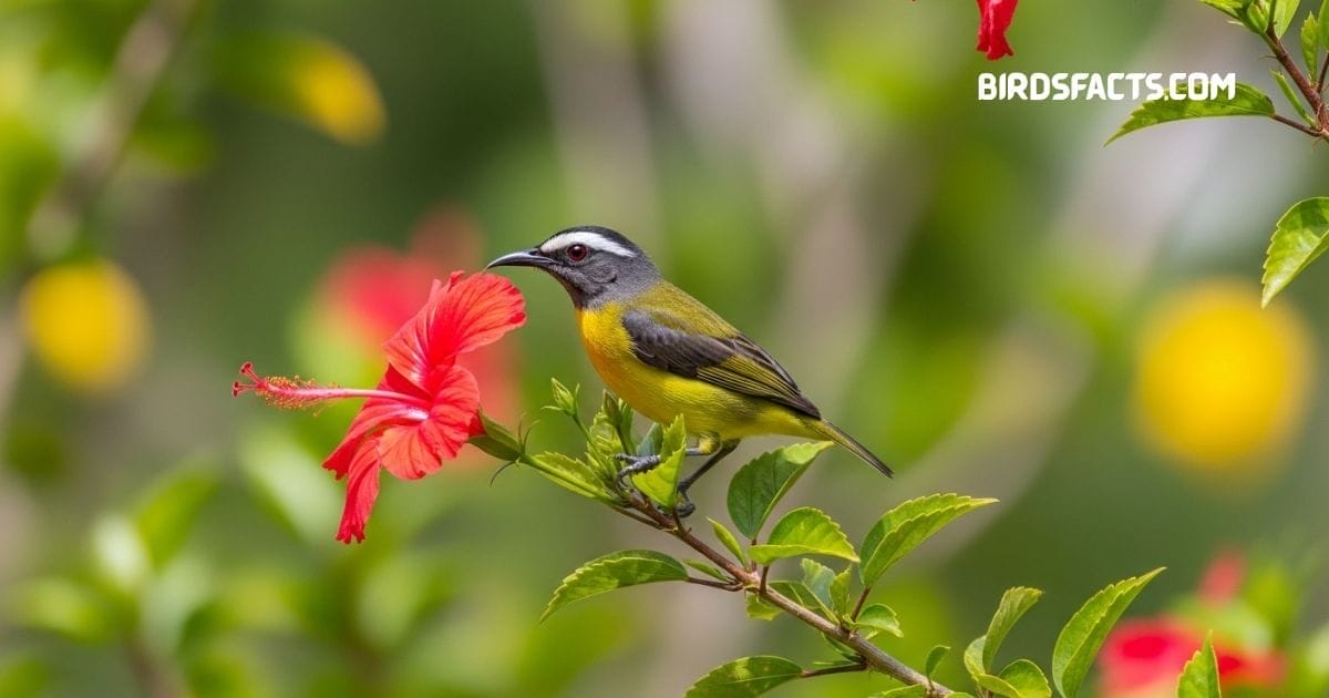 Bananaquit perched on branch with black upperparts, yellow underparts, and curved white-striped bill