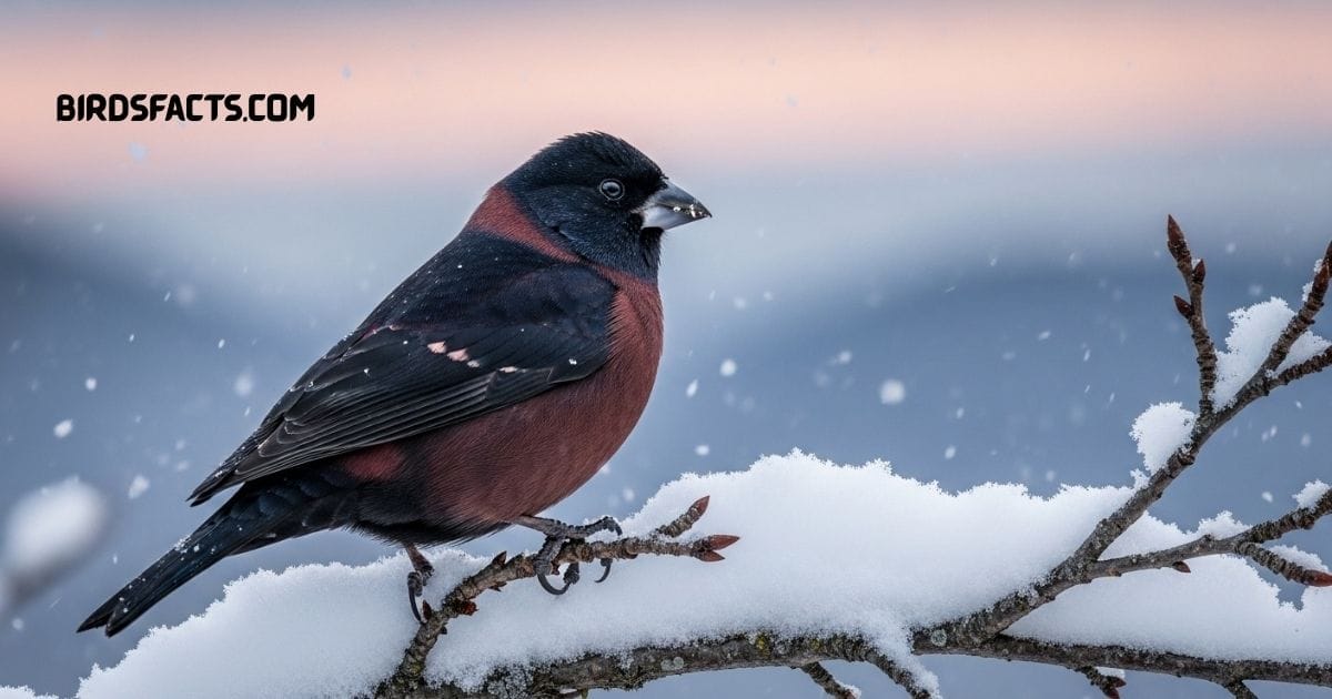 Black Rosy-Finch with dark plumage and pink highlights perched on a rock