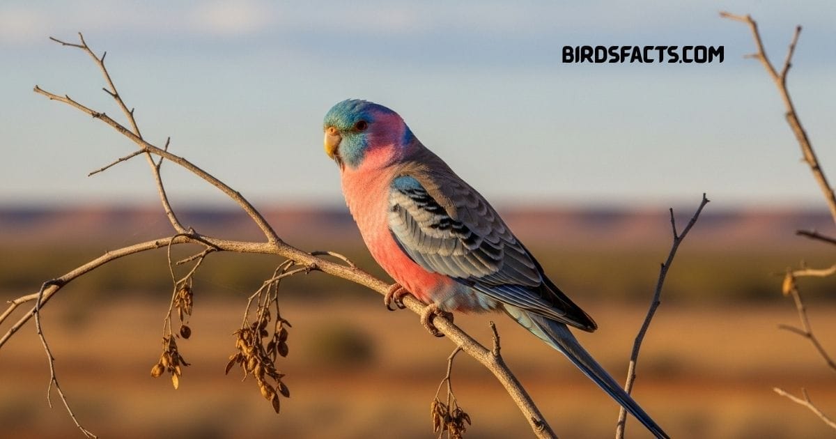 Bourke’s Parakeet with soft pink chest and blue wings perched on a branch