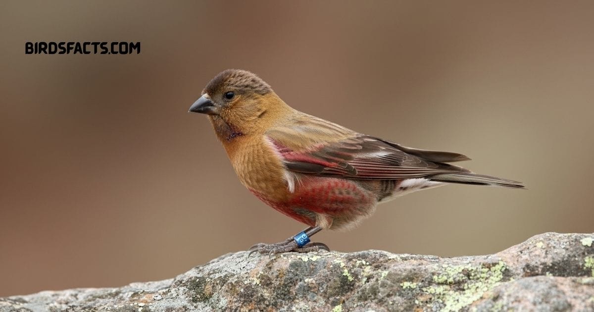 Brown-capped Rosy-Finch with brown head and pink-tinged wings perched on a rock