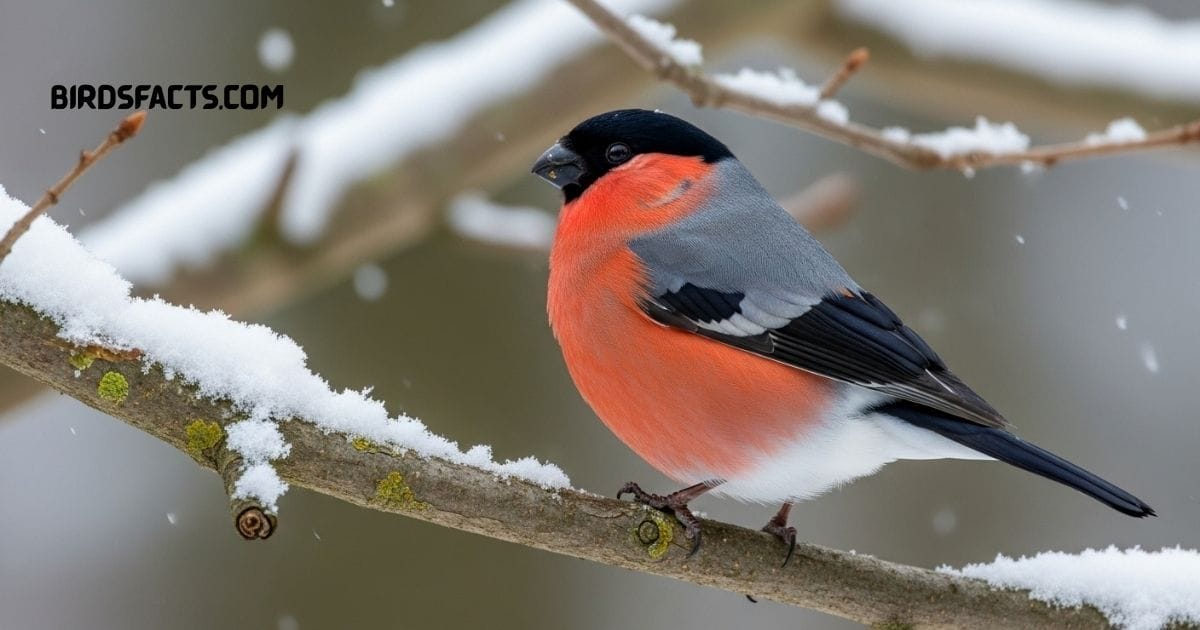 Bullfinch with bright red breast and black cap perched on a branch