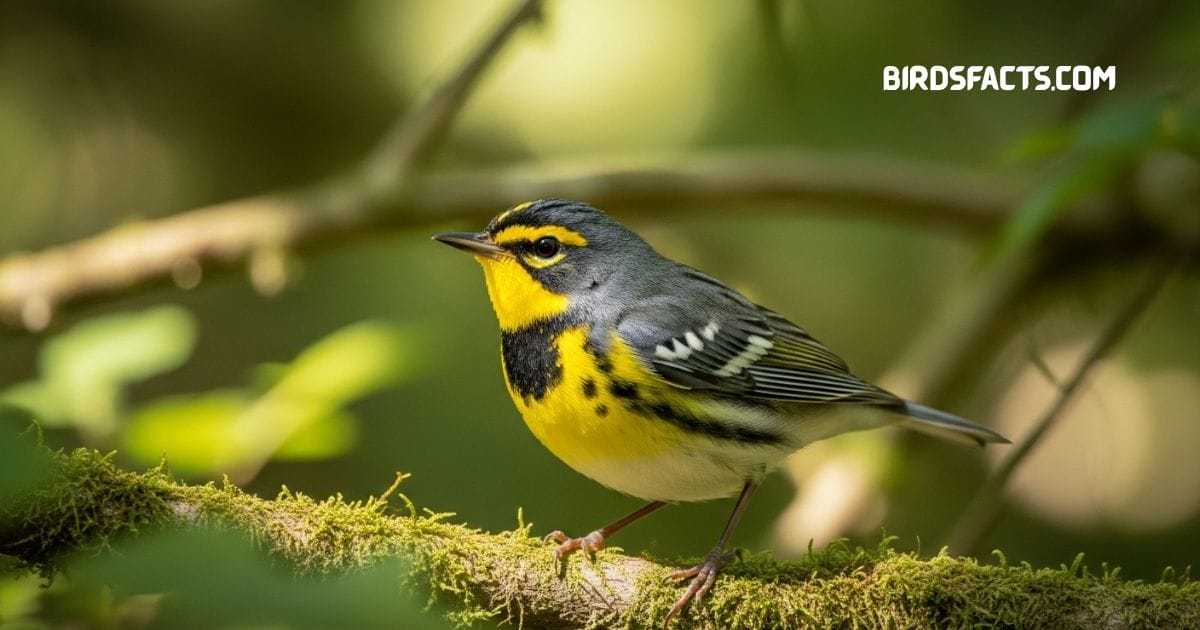 Canada warbler perched on branch with gray back yellow underparts and black necklace markings