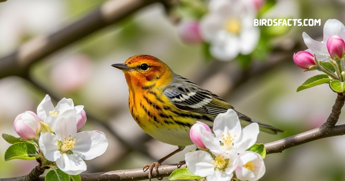 Cape May warbler perched on tree branch with streaked yellow underparts and chestnut cheek patch
