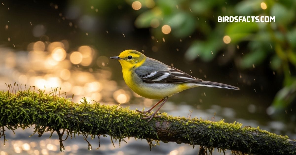 Citrine wagtail standing near water with bright yellow head gray wings and slender tail