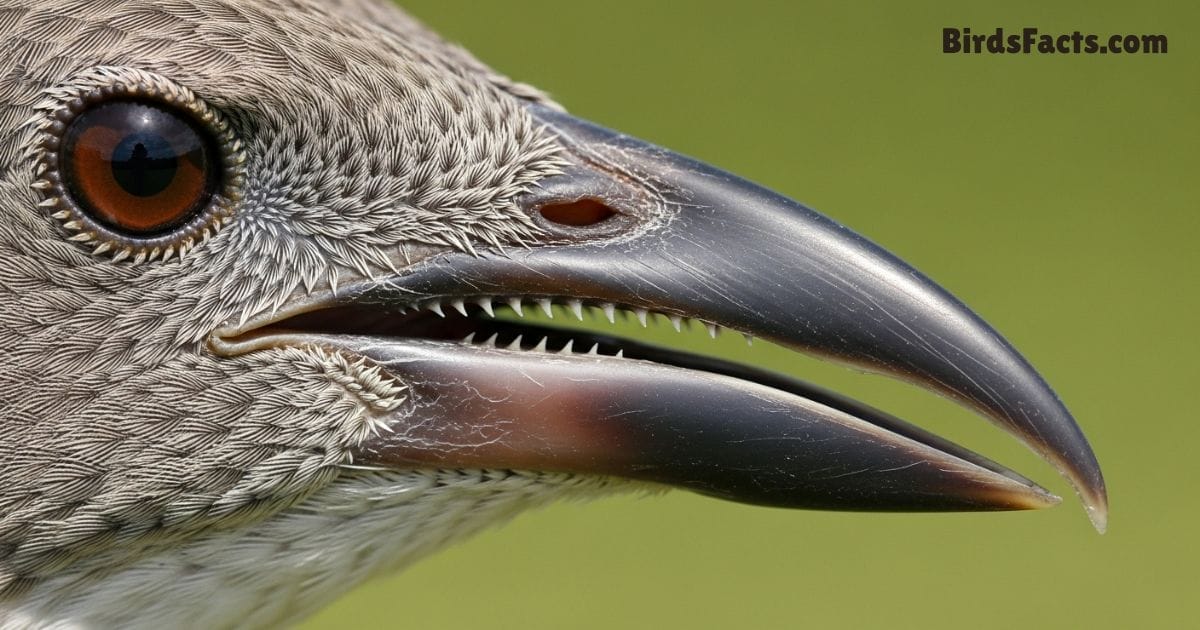 “Close-up of a bird’s beak showing tooth-like features such as lamellae or serrated edges, demonstrating adaptations that replace teeth. 
