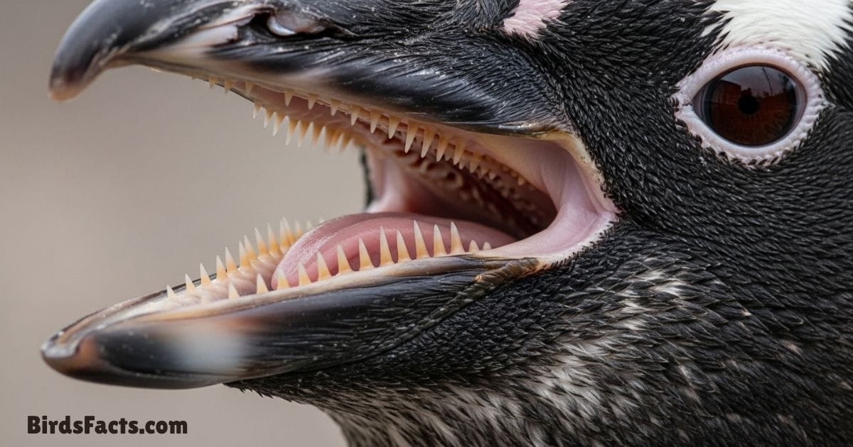 “Close-up of a penguin’s mouth showing backward-facing spines, demonstrating tooth-like adaptations that help catch slippery fish.”