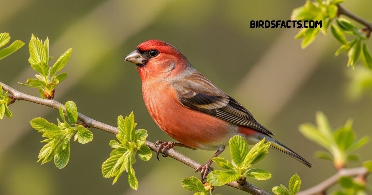 Common Rosefinch with rosy-red head and breast perched on a branch