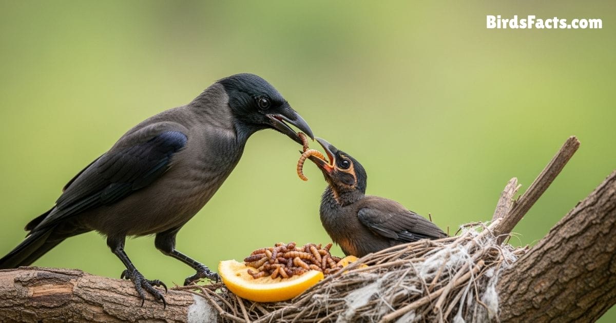 A crow or myna feeding its chick with a mix of worm and fruit pieces near a natural perch or nest. Crow Feeding Chick With Mixed Diet Of Worms And Fruit Showing Omnivorous Nature