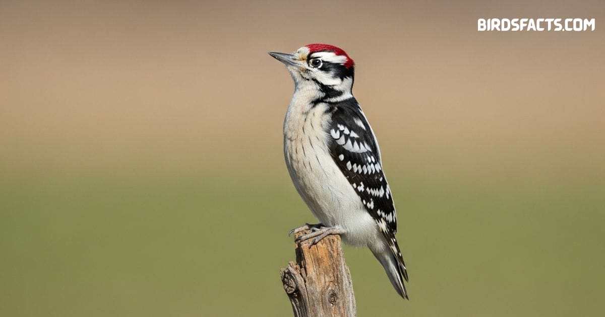 Downy woodpecker clinging to tree trunk with black wings and white underparts