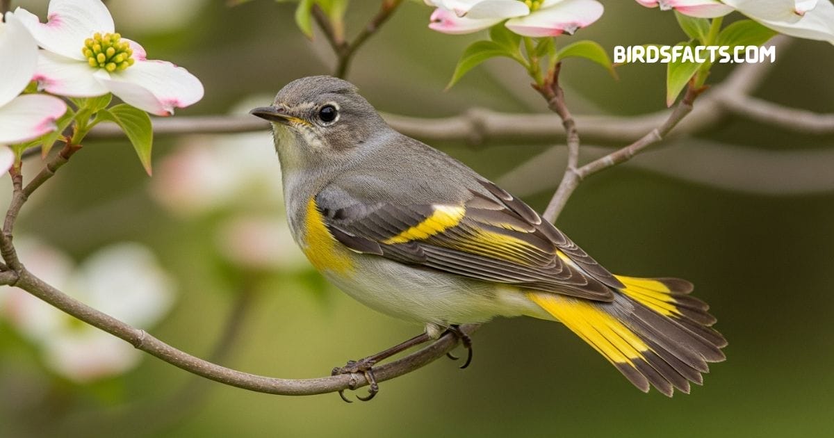 Female American redstart perched on branch with gray head yellow sides and white belly