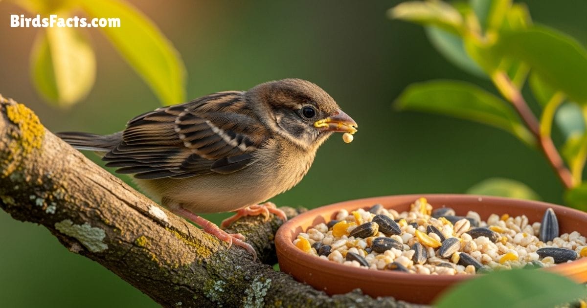 Fledgling Bird Eating Softened Seeds And Grains While Learning To Feed Fledgling Bird Eating Softened Seeds And Grains While Learning To Feed