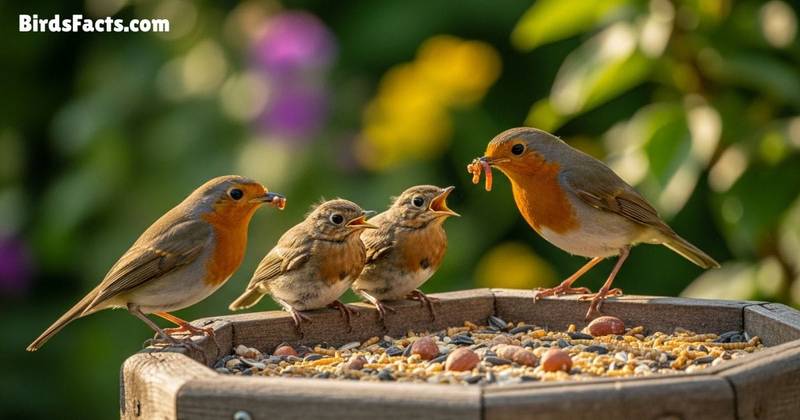 Fledgling Birds Learning To Eat From Feeder With Parent Birds Fledgling Birds Learning To Eat From Feeder With Parent Birds