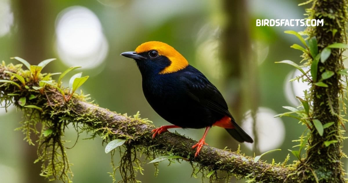 Golden-headed manakin perched on branch with bright golden head black body and short tail
