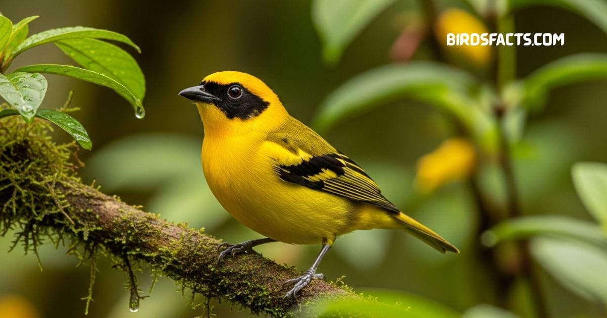 Golden tanager perched on branch with bright golden yellow plumage and contrasting black wings