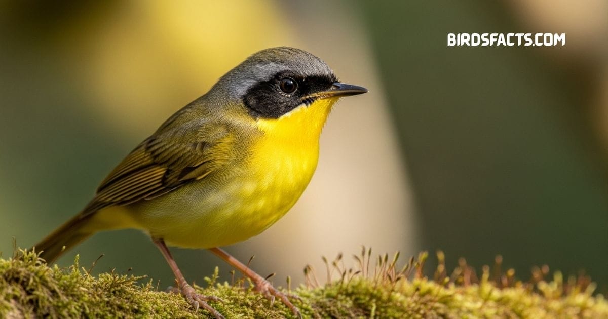 Grey-crowned yellowthroat perched on reed with olive body yellow throat and gray crown
