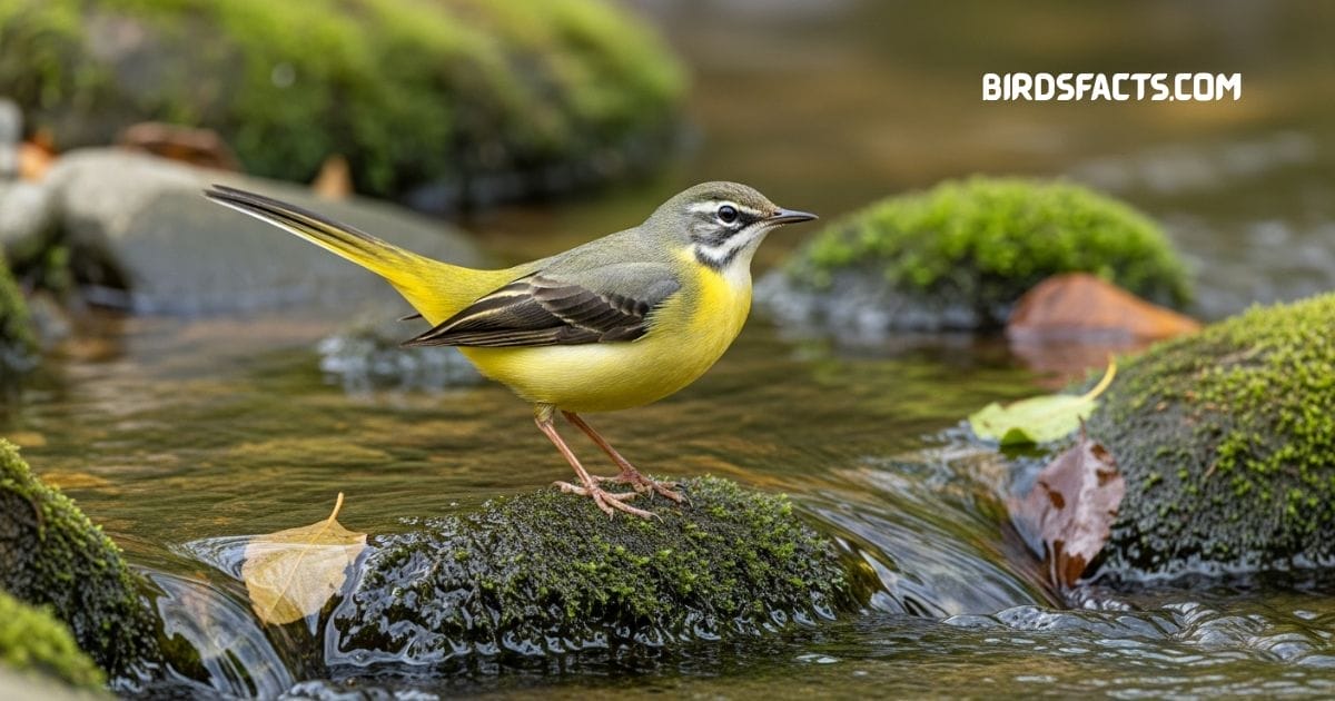 Grey wagtail standing near stream with grey back yellow underparts and long black tail