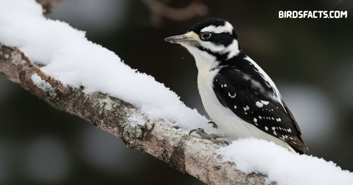 Hairy woodpecker perched on tree trunk with black wings, white spots, and long bill