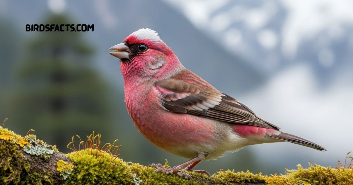Himalayan White-browed Rosefinch with rosy plumage and bold white eyebrow perched on a branch
