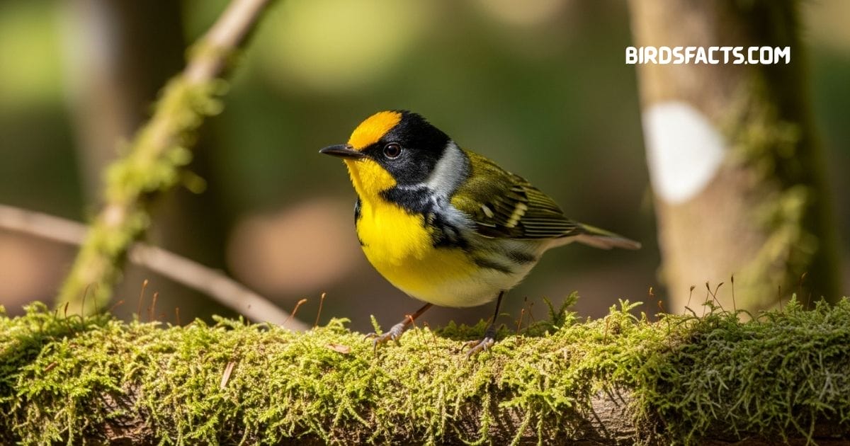 Hooded warbler perched on branch with olive back yellow underparts and black hood