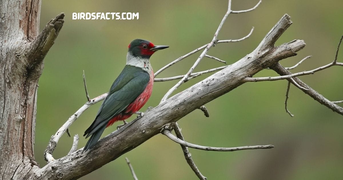 Lewis’s woodpecker perched on tree branch with dark green back and red face