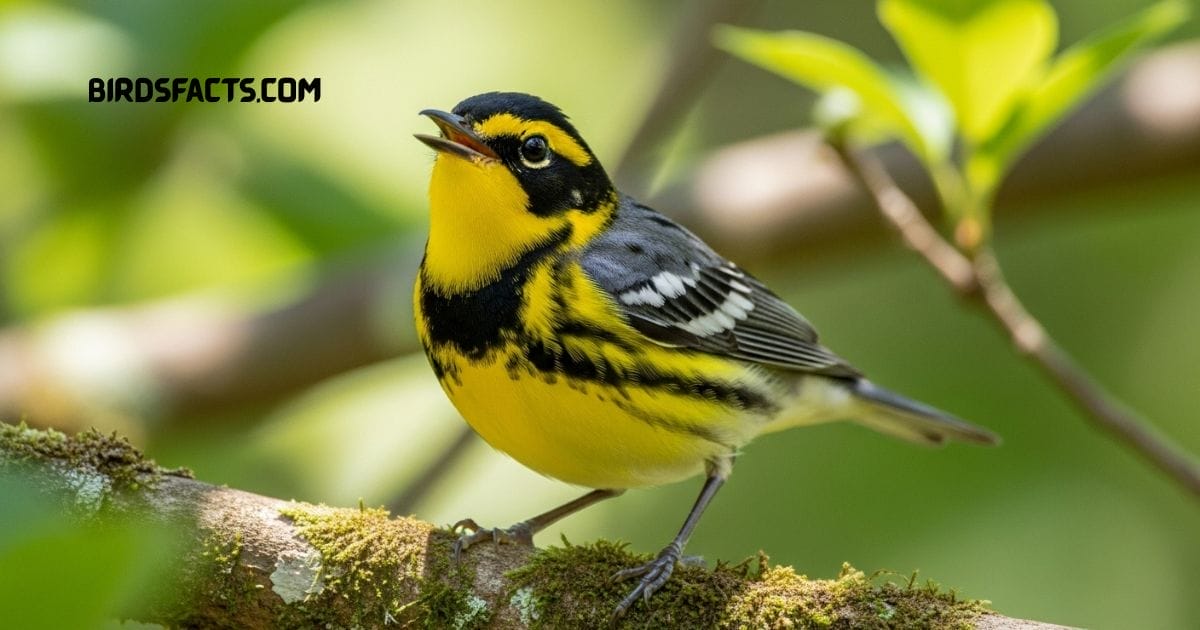 Magnolia warbler perched on branch with black streaked yellow underparts and gray back