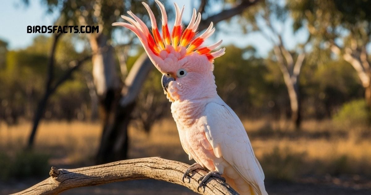 Major Mitchell’s Cockatoo with soft pink body and bright orange-yellow crest perched on a branch
