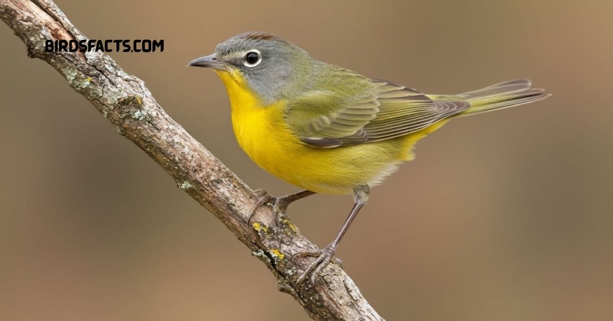 Nashville warbler perched on branch with gray head yellow underparts and olive back
