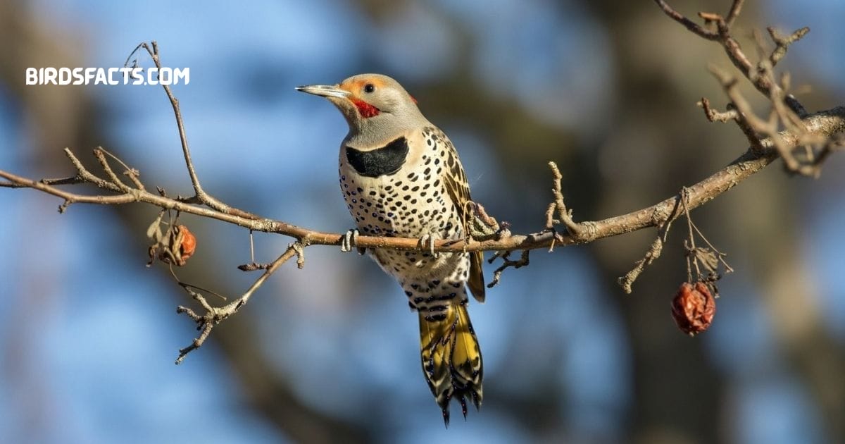 Northern flicker perched on tree trunk with brown spotted plumage and black crescent chest marking
