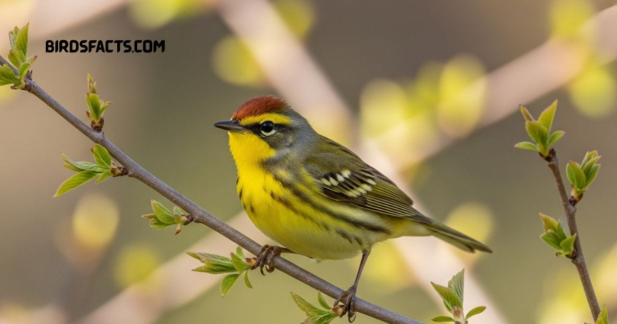Palm warbler perched on branch with brown streaked back yellow underparts and rusty cap