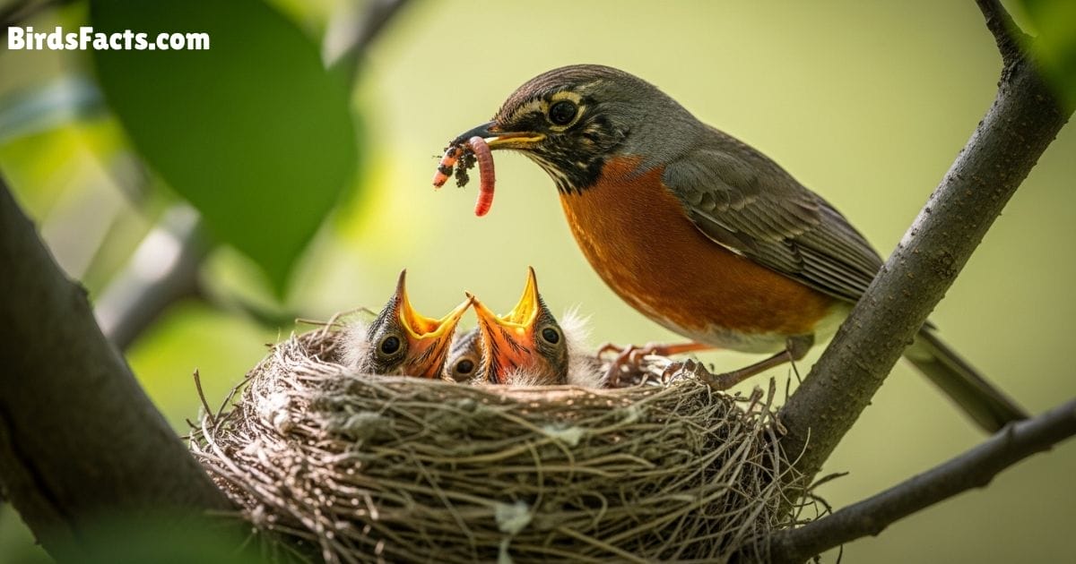 Parent Bird Feeding Worm To Baby Bird In Nest Parent Bird Feeding Worm To Baby Bird In Nest