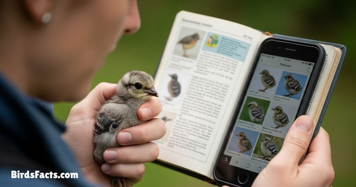 Person Using Bird Guide To Identify Baby Bird Species Before Feeding