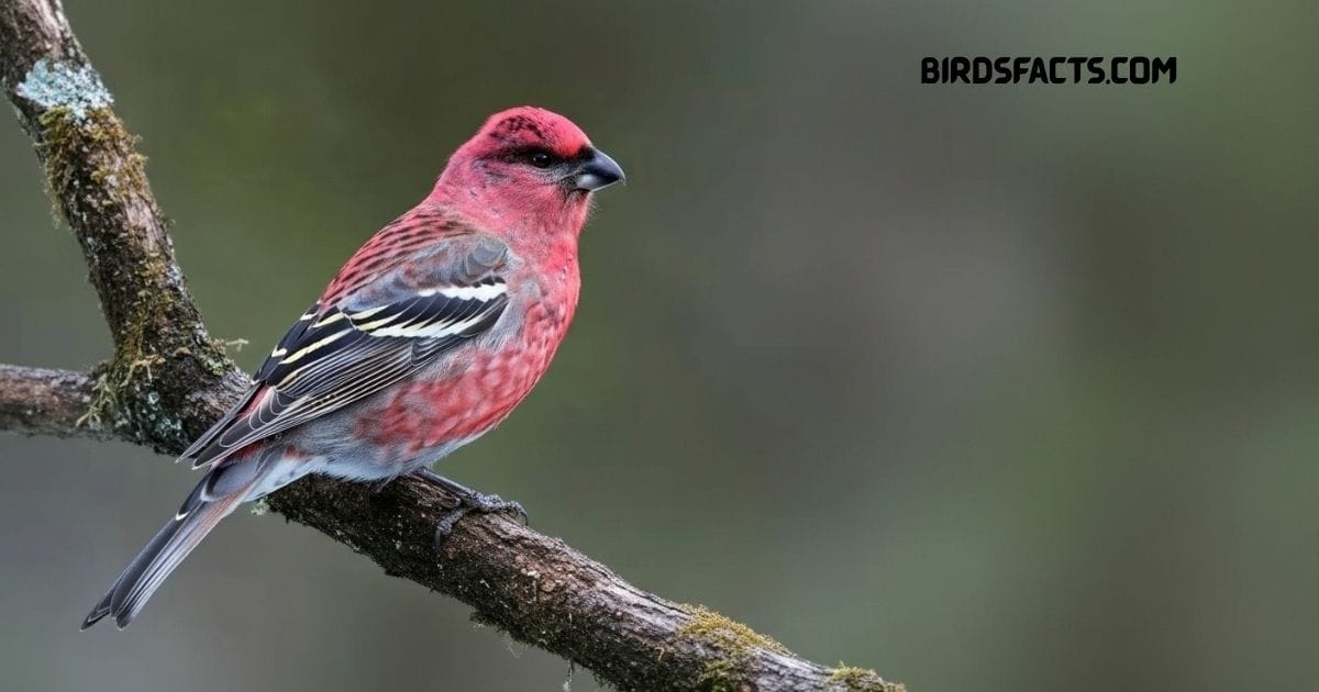 Pine Grosbeak with rosy-red plumage perched on a snowy branch