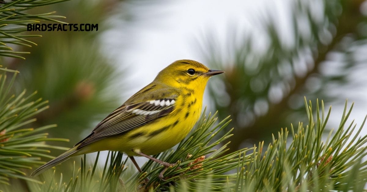 Pine warbler perched on tree branch with olive green back yellow throat and white belly