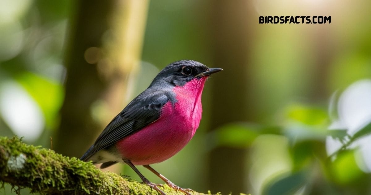 Pink Robin with bright pink breast and dark plumage perched on a branch