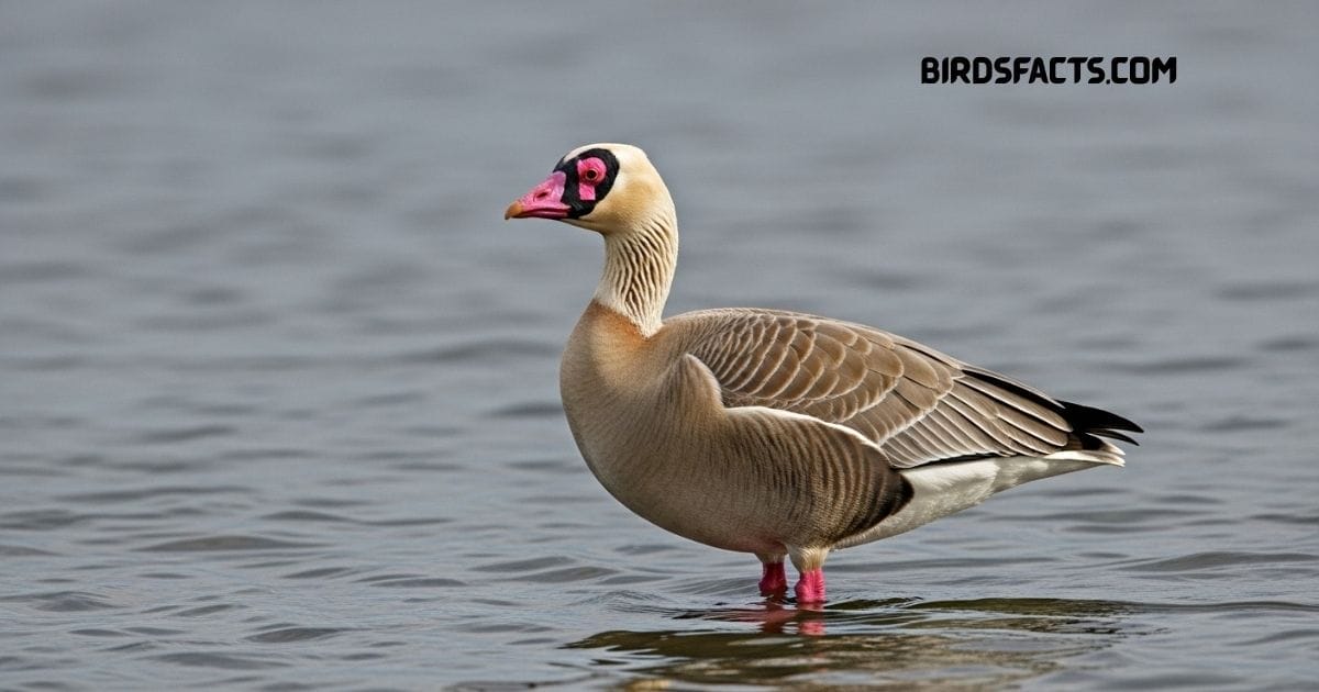 Pink-footed Goose with gray-brown body and pink bill standing in grassland